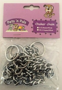 Pets n' Pals choker chain 2-pack retail packaging showing two chrome slip collars — sizes 3.0mm×45cm and 3.5mm×50cm — in a sealed plastic bag with purple branded card header.