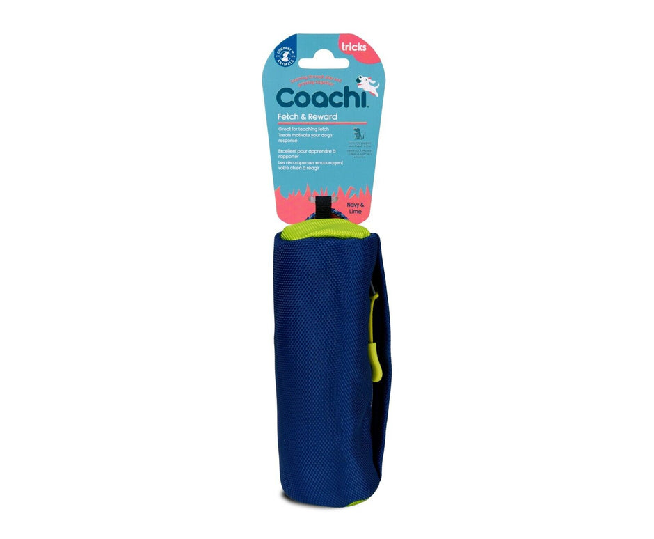 Coachi Fetch & Reward dog training toy in navy and lime packaging