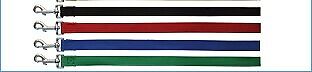 Beau Pets 25mm x 120cm webbing dog leads laid flat in five colours: black, red, navy, green, and royal blue, each with a silver snap clip.