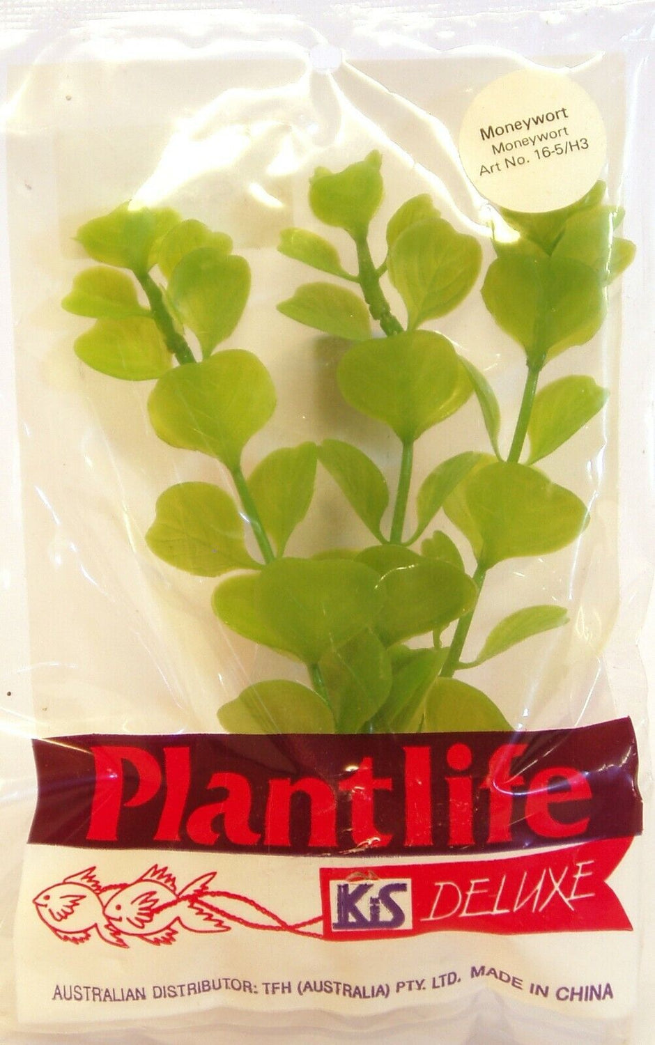 KIS Aquarium Plantlife Deluxe artificial moneywort plant in original sealed packaging, showing green plastic leaves against a white background.