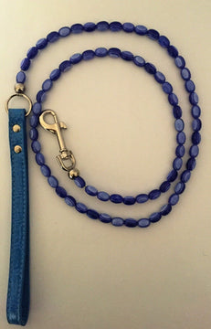 GoPetPlace 120cm fancy beaded dog lead in blue, coiled to show the full length, with a silver clip and a flat blue handle.