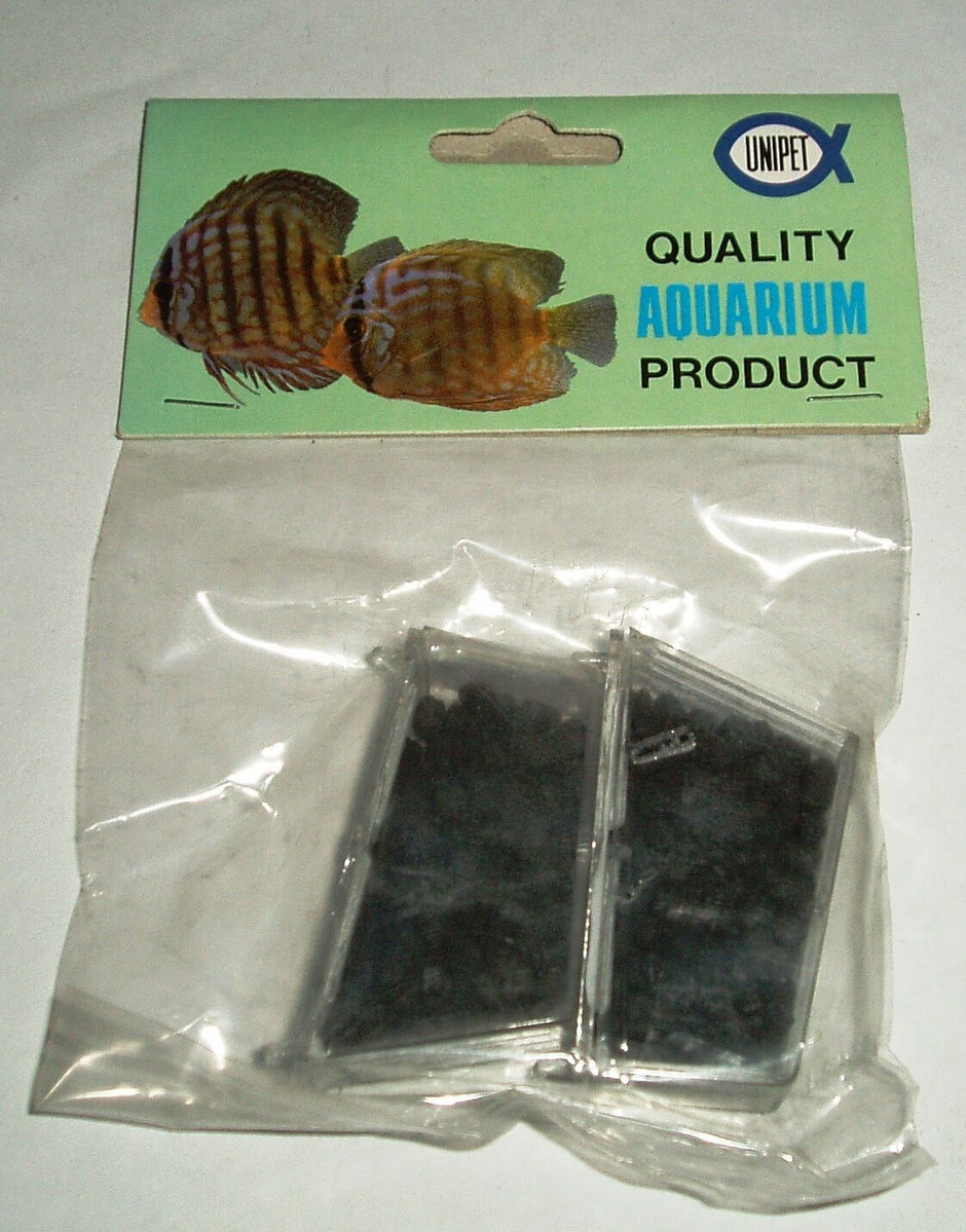 Unipet aquarium undergravel filter replacement carbon cartridges — two twin-packs shown inside sealed plastic bag with green Unipet branded header card