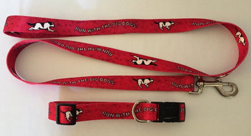GoPetPlace Run With The Big Dogs red dog collar and lead set laid flat, showing the matching print, plastic quick-release buckle, stainless steel D ring, and metal snap clip on the lead.