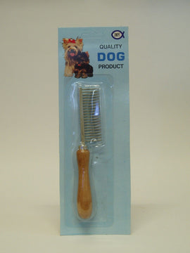Unipet coarse pet comb with wooden handle shown in retail blister packaging, labelled Quality Dog Product, with wide-spaced metal teeth visible