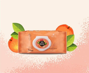 Pet Head Quick Fix Paw and Body Wipes 80-pack in peach-coloured resealable packaging, displayed against a soft background with illustrated peach fruit.