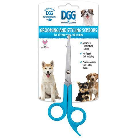 DGG Grooming and Styling Scissors in retail packaging, showing the scissors with a blue handle and stainless steel blades alongside images of small dogs