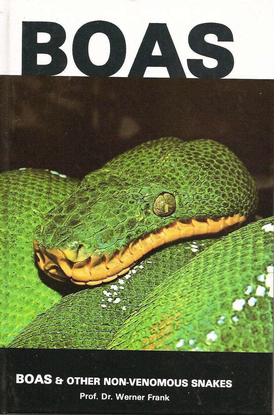 Front cover of Boas & Other Non-Venomous Snakes by Prof. Dr Werner Frank, featuring a close-up photograph of a green boa's head and coils.