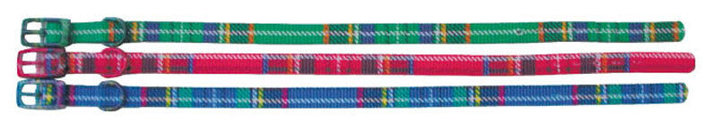 GoPetPlace nylon tartan dog collars in green, red and blue, each with a matching colour-coded buckle