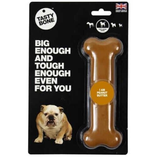 Tasty Bone peanut butter flavour nylon dog chew for large dogs shown in retail packaging alongside a bulldog graphic.