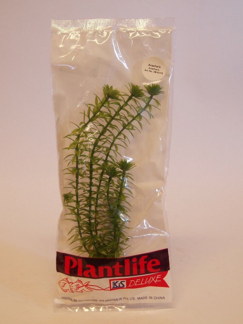 KIS Aquarium Plantlife Deluxe artificial Anacharis plant in its sealed clear packaging, showing the green multi-stem plant and branded label.