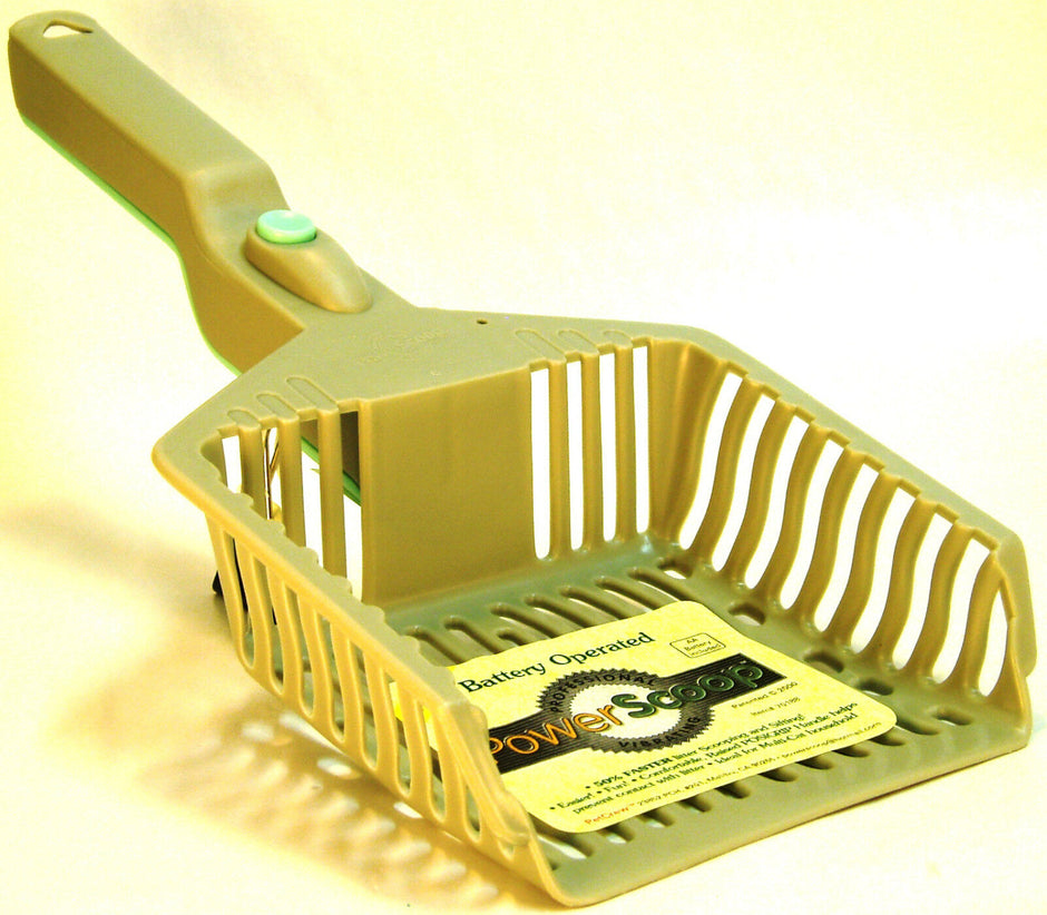 GoPetPlace battery-operated vibrating cat litter scoop in grey with green power button, shown at an angle with product label visible