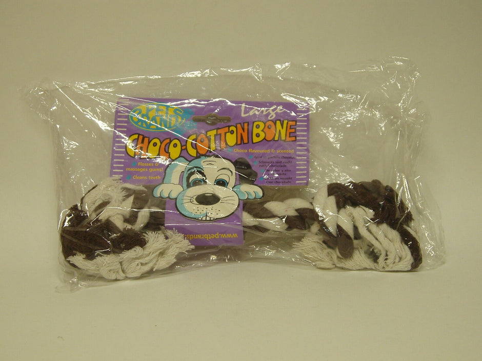 Pet Brands Choco Cotton Bone large size in original packaging, showing the brown and white knotted cotton rope tug toy.