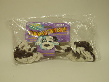 Pet Brands Choco Cotton Bone large size in original packaging, showing the brown and white knotted cotton rope tug toy.