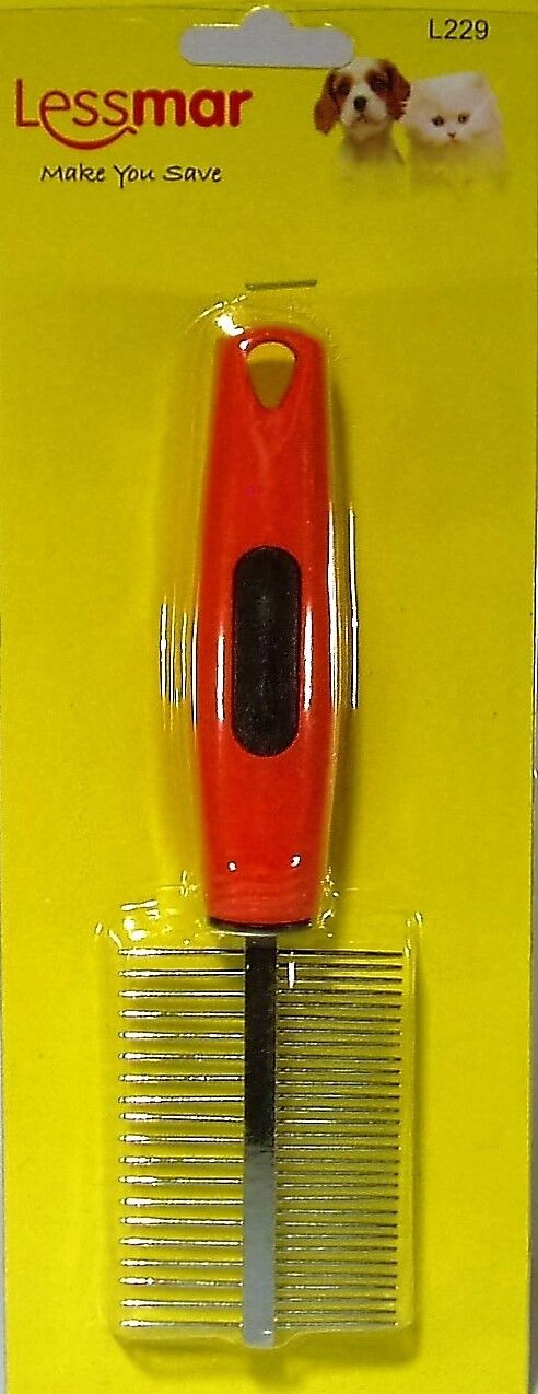Lessmar double-sided pet grooming comb with orange and black rubber-grip plastic handle, showing the two sets of metal teeth (19 and 30 tines), displayed in retail packaging.