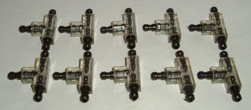 Ten 4mm aquarium T splitter pieces with clear bodies and dark barbed fittings, shown laid out on a white surface.