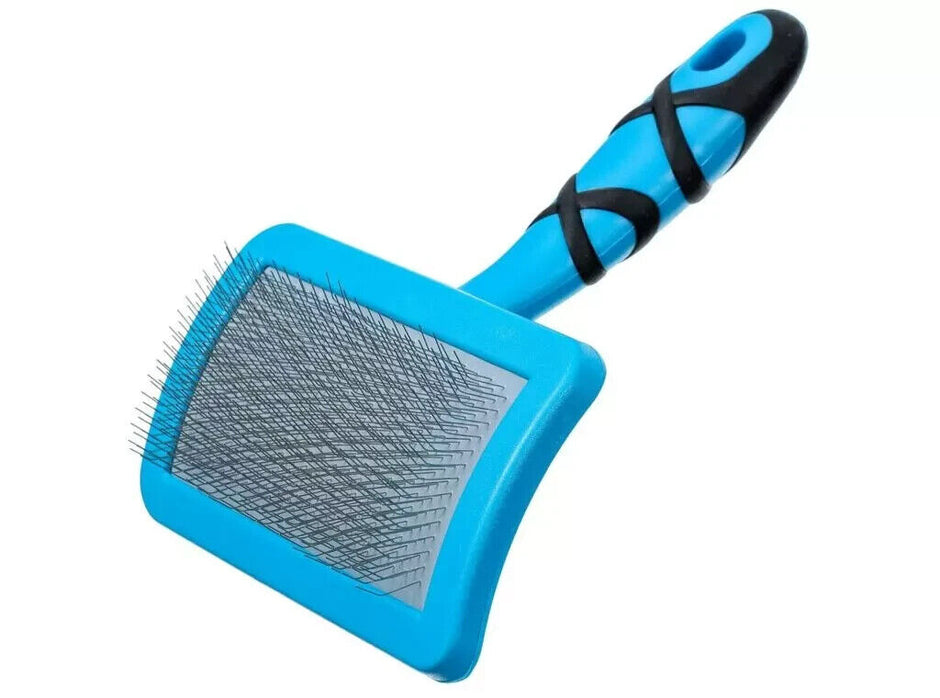Groom Professional Curved Soft Slicker brush in large size, showing blue and black ergonomic handle and large square pin pad