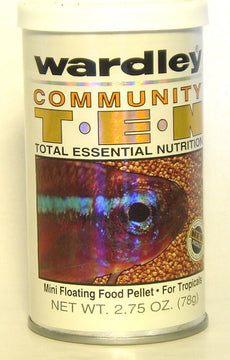 Wardley Community TEN Mini Floating Food Pellet canister, 78g, showing mini pellets and a close-up of a tropical fish on the label