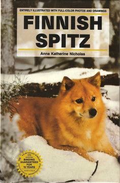 Front cover of Finnish Spitz by Anna Katherine Nicholas, showing a golden-red Finnish Spitz dog resting in snow, with the title in large bold text and a reinforced binding guarantee badge.