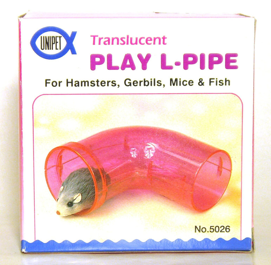 Unipet Play L-Pipe retail box showing a translucent pink L-shaped plastic tunnel toy with a hamster or mouse figurine at the entrance