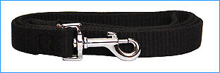 Beau Pets 25mm black cotton webbing dog training lead with chrome-plated snap hook, coiled on a white background