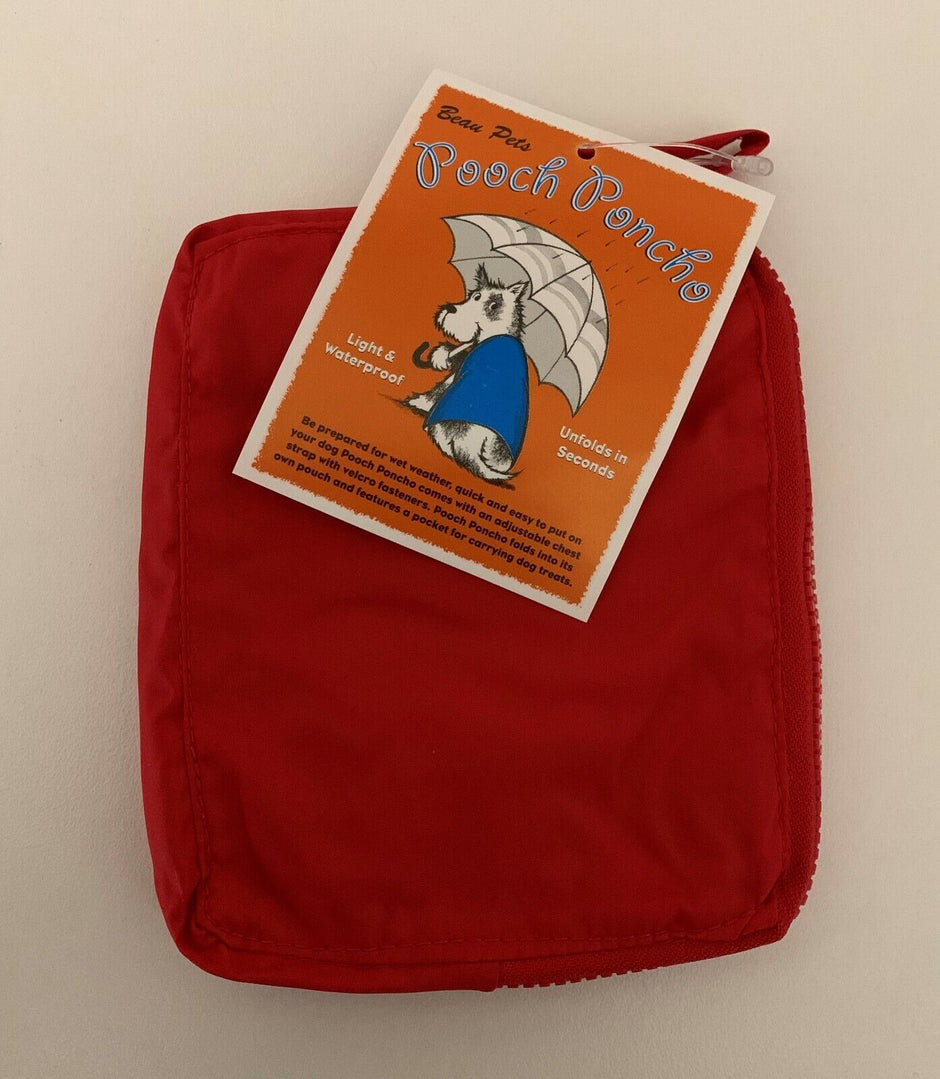 Beau Pets Pooch Poncho in red, folded into its compact storage pouch with branded hang tag attached