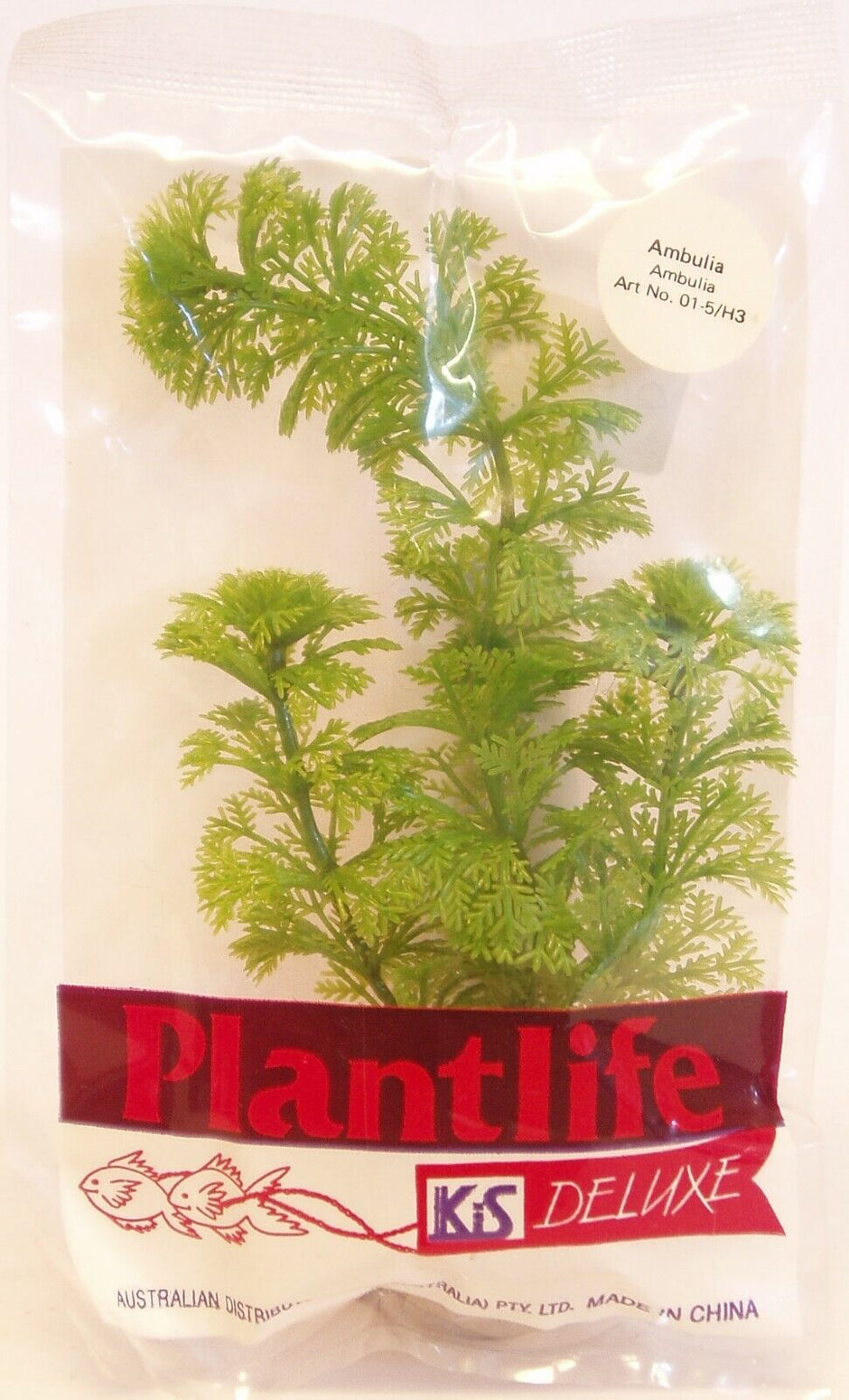 KIS Aquarium Plantlife Deluxe artificial Ambulia plant in original sealed packaging, showing green feathery plastic plant approximately 5 inches tall.