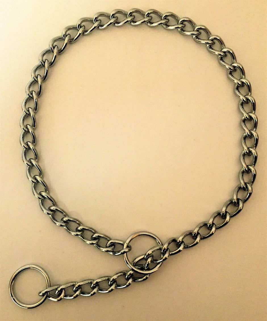 GoPetPlace 28-inch chrome-plated steel dog slip chain collar laid flat, showing the curb-link chain and two end rings