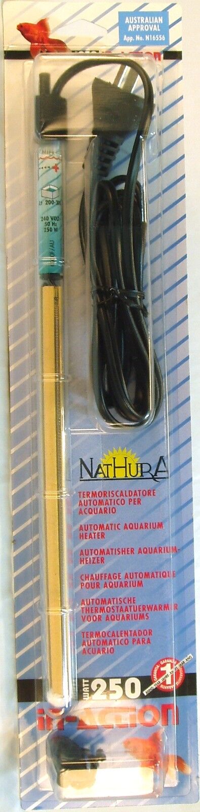 NatHura 250W automatic aquarium heater in retail packaging, showing the heater tube, power cord, and Australian Approval label.