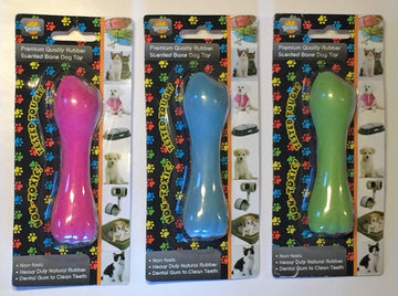 Three packaged GoPetPlace scented rubber bone dog toys in pink, blue, and green, shown side by side in retail packaging labelled non-toxic and heavy duty natural rubber.