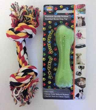 GoPetPlace dog toy combo showing a multicoloured cotton rope bone with two knots beside a green scented rubber bone in packaging