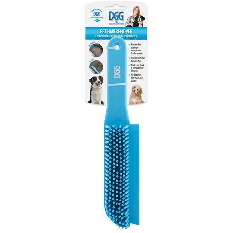 DGG Pet Hair Remover in blue, showing the bristled head and flat edge, displayed in retail packaging with product callouts.