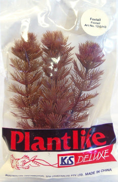KIS Aquarium Plantlife Deluxe artificial foxtail plant in original packaging, showing the bushy reddish-brown plastic plant with foxtail-style fronds.