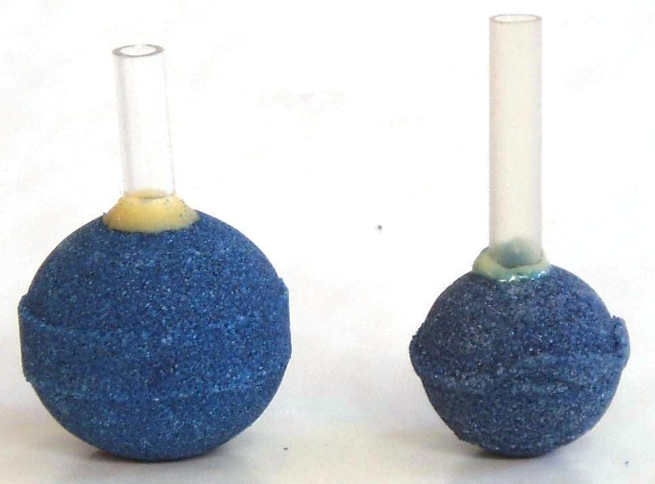 Two blue round aquarium air stones with clear airline tubing connectors, shown side by side against a white background.