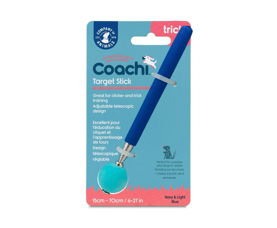 Coachi Target Stick in navy and light blue retail packaging, showing the telescopic stick with soft foam ball tip and noting a length range of 15–70 cm
