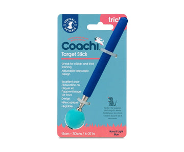 Coachi Target Stick in navy and light blue retail packaging, showing the telescopic stick with soft foam ball tip and noting a length range of 15–70 cm