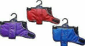 Beau Pets nylon dog coats in purple, red, and blue displayed on hangers, showing the adjustable chest and girth strap fastening.