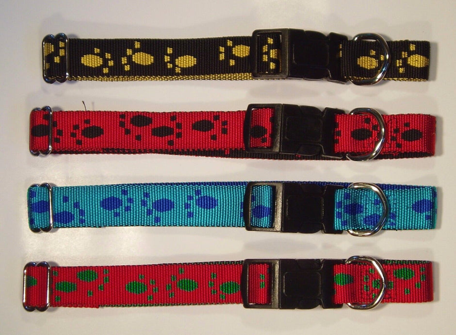 Four GoPetPlace adjustable nylon dog collars laid flat, showing woven paw-print patterns in four colour combinations: black with yellow, red with black, teal with blue, and red with green. Each collar has a plastic click buckle and steel D-ring.