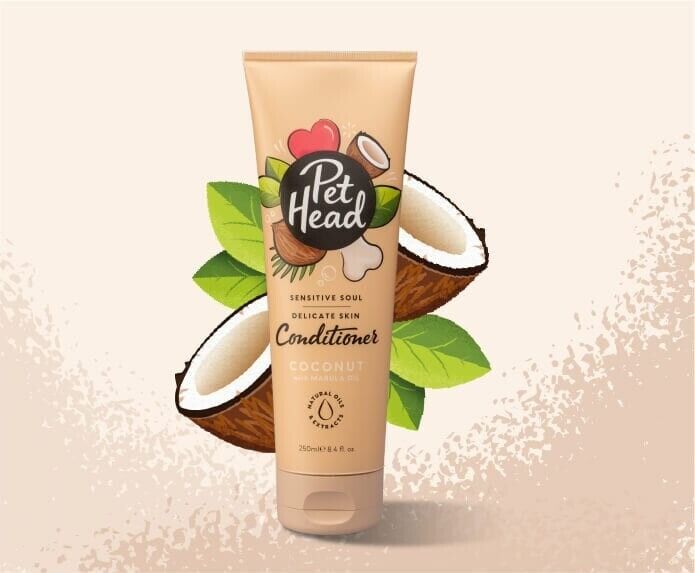 Pet Head Sensitive Soul Delicate Skin Dog Conditioner 250ml tube, with coconut halves and green leaves in the background.