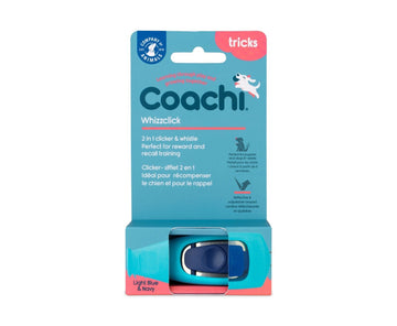 Coachi Whizzclick 2-in-1 clicker and whistle in light blue and navy, shown in retail packaging