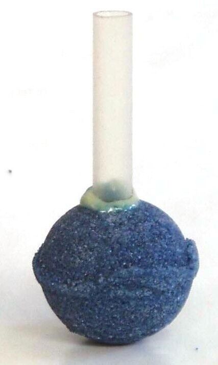 A single blue round ball aquarium air stone with a clear plastic tube stem attached at the top, shown against a white background.