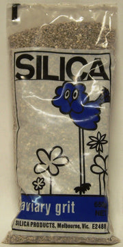 A 650g clear plastic bag of Silica Products aviary grit, showing the white and blue branded label with a cartoon bird, and fine grit visible through the packaging.