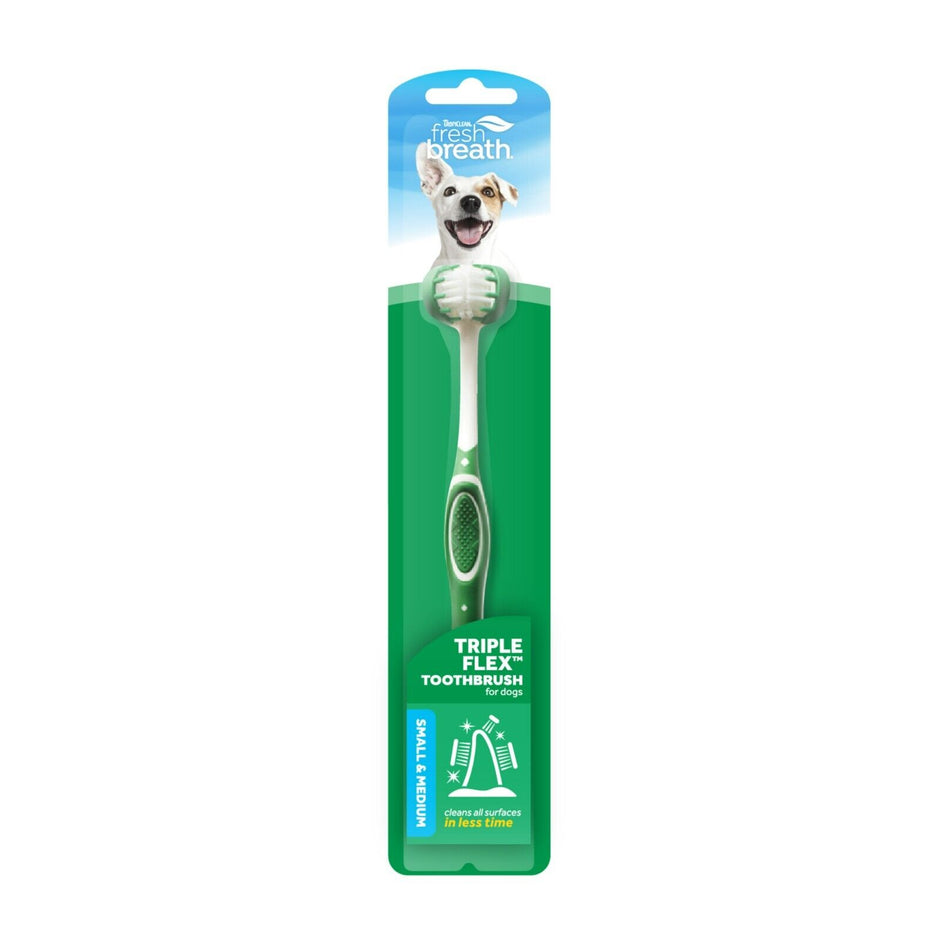 TropiClean Fresh Breath TripleFlex Toothbrush for small and medium dogs shown in green retail packaging, with the three-sided brush head visible.
