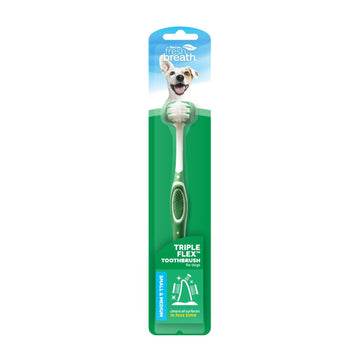 TropiClean Fresh Breath TripleFlex Toothbrush for small and medium dogs shown in green retail packaging, with the three-sided brush head visible.