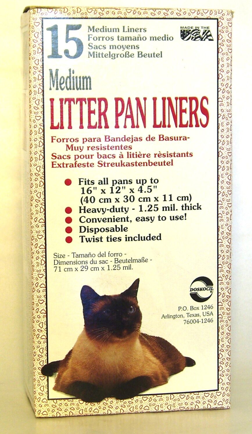 Doskocil medium litter pan liners box showing 15-pack contents, pan size compatibility details, and a Siamese cat graphic on the front.