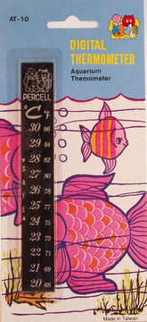 Retail card packaging for a Percell aquarium digital thermometer sticker, showing the black strip thermometer with Celsius and Fahrenheit scale from 20 to 30 °C.