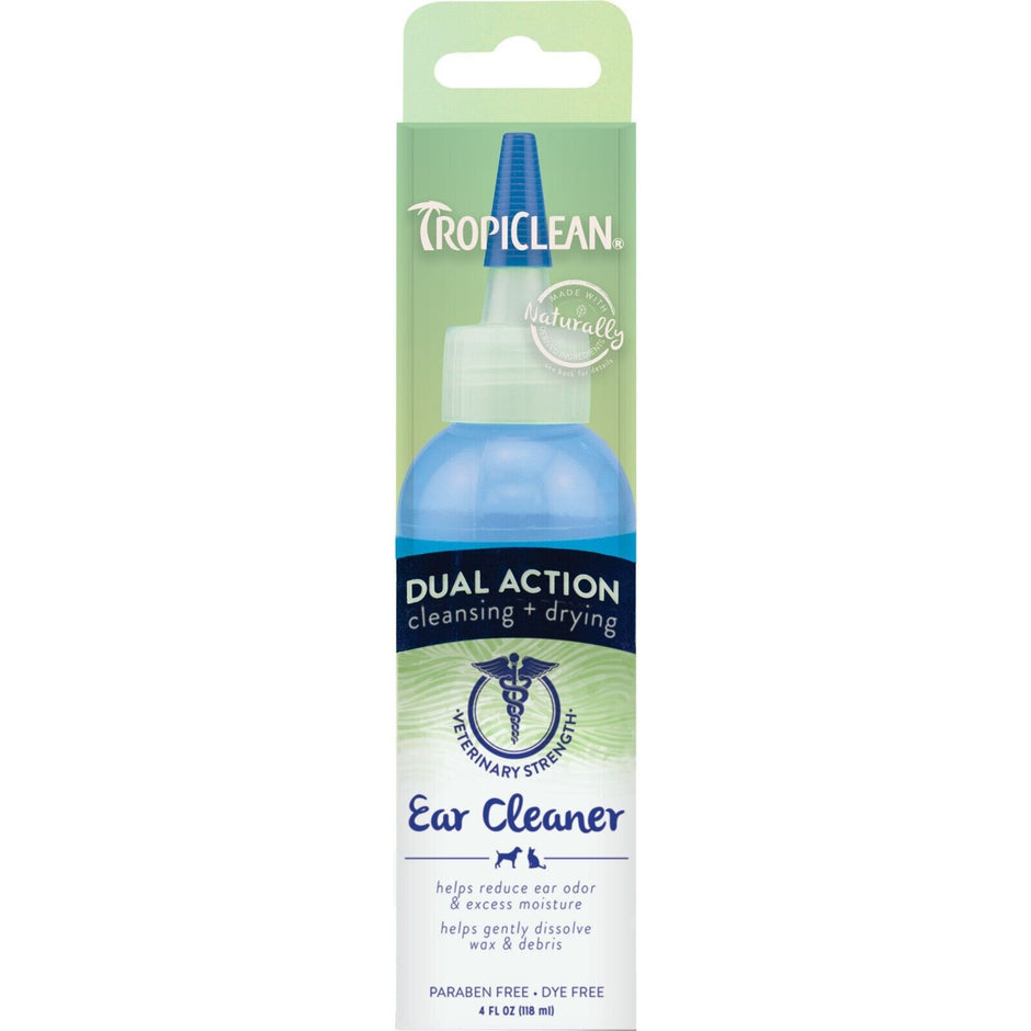 TropiClean Dual Action Ear Cleaner 118ml box with applicator bottle, showing cleansing and drying formula for dogs and cats