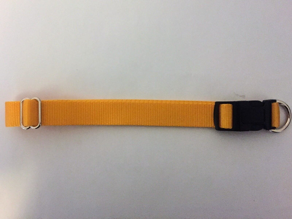 GoPetPlace yellow nylon dog collar (20mm wide) laid flat, showing the black plastic quick-release buckle and stainless steel D ring.