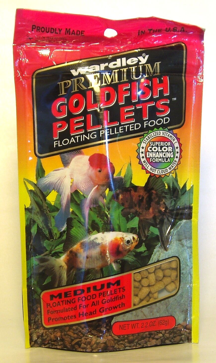 Wardley Premium Goldfish Pellets bag showing medium floating pellets, colour-enhancing formula badge, and net weight of 62g