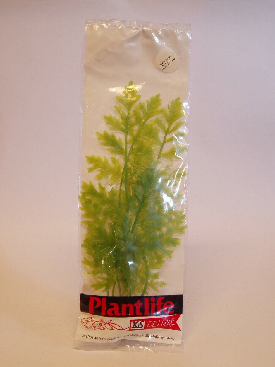 KIS Aquarium Plantlife Deluxe artificial Water Sprite plant in original sealed packaging, showing green feathery plastic foliage approximately 30 cm tall
