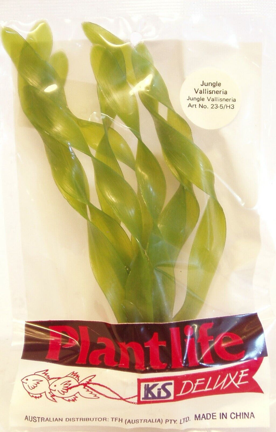 KIS Aquarium Plantlife Deluxe artificial Jungle Vallisneria plant in original clear packaging, showing green twisted ribbon-like leaves, approximately 5 inches tall.
